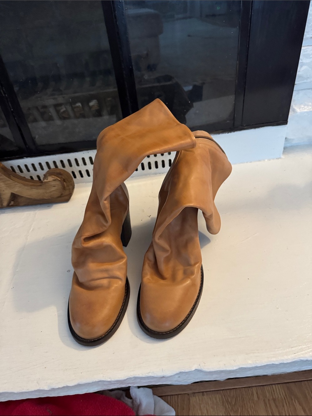 Free People Tan Slouchy Leather Mid-Calf Heeled Boots